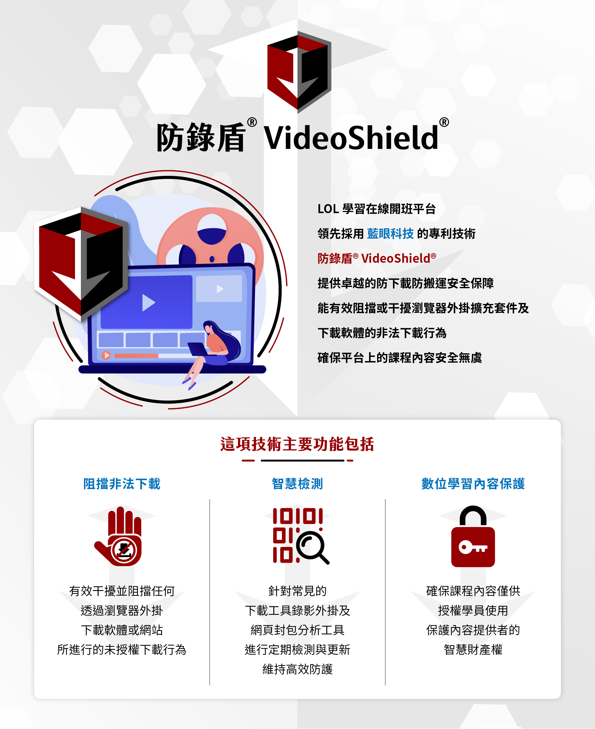 防鎖盾 VideoShield 是一項領先的技術，專為LOL學習在線開班平台設計，採用了藍眼科技的專利技術，提供卓越的下載防範機制，有效阻擋非授權下載及阻止軟體下載，確保平台課程內容的安全無虞。該技術包括智慧檢測，針對下載工具的影響及網站外掛進行持續監測和更新，並透過數位學習內容保護來確保授權學員的學習權益。防鎖盾 VideoShield 可協助企業和教育機構確保線上學習內容的完整性與保密性，從而達到更高的數位學習安全。